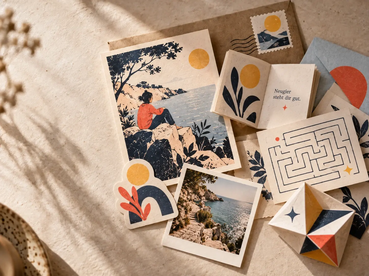 Verschiedene Papierobjekte, teils überlappend: eine Illustrationskarte, ein kleines Heft, ein Rätsel, ein Sticker, ein Foto, eine Briefmarke und ein gefaltetes Papierobjekt.