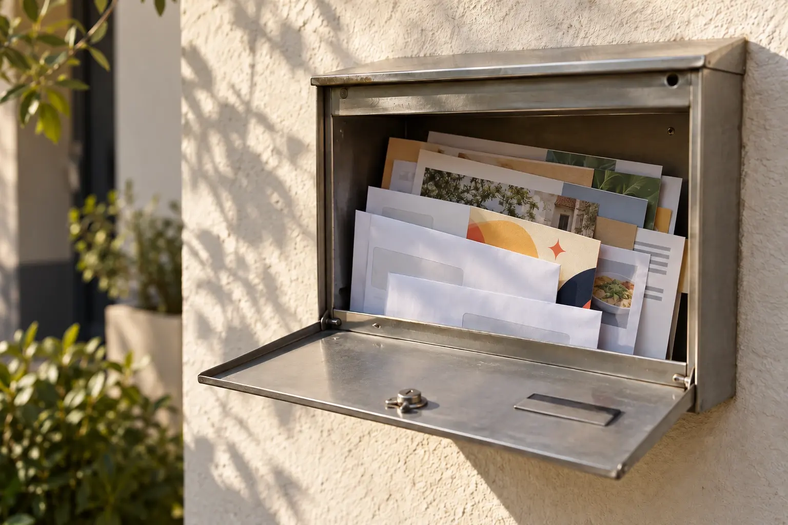 Ein Wandbriefkasten mit geöffneter Klappe, voll mit Rechnungen und Werbung – dazwischen schaut eine Karte mit Sonne und Stern hervor.